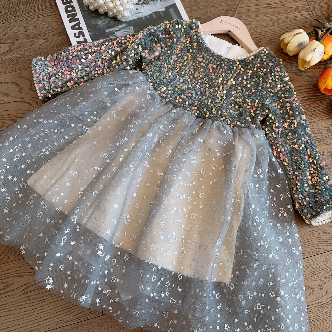 hhkids女童网纱连衣裙秋冬装洋气网红儿童女童亮片公主裙BQZ520