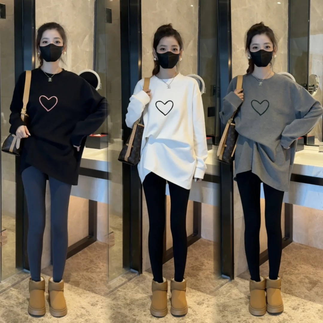 24新款秋冬新款爱心长袖圆领休闲T恤打底裤时尚两件套套装