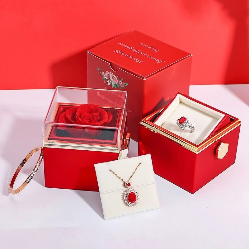 旋转玫瑰花戒指盒项链惊喜求婚表白礼盒玫瑰花首饰盒