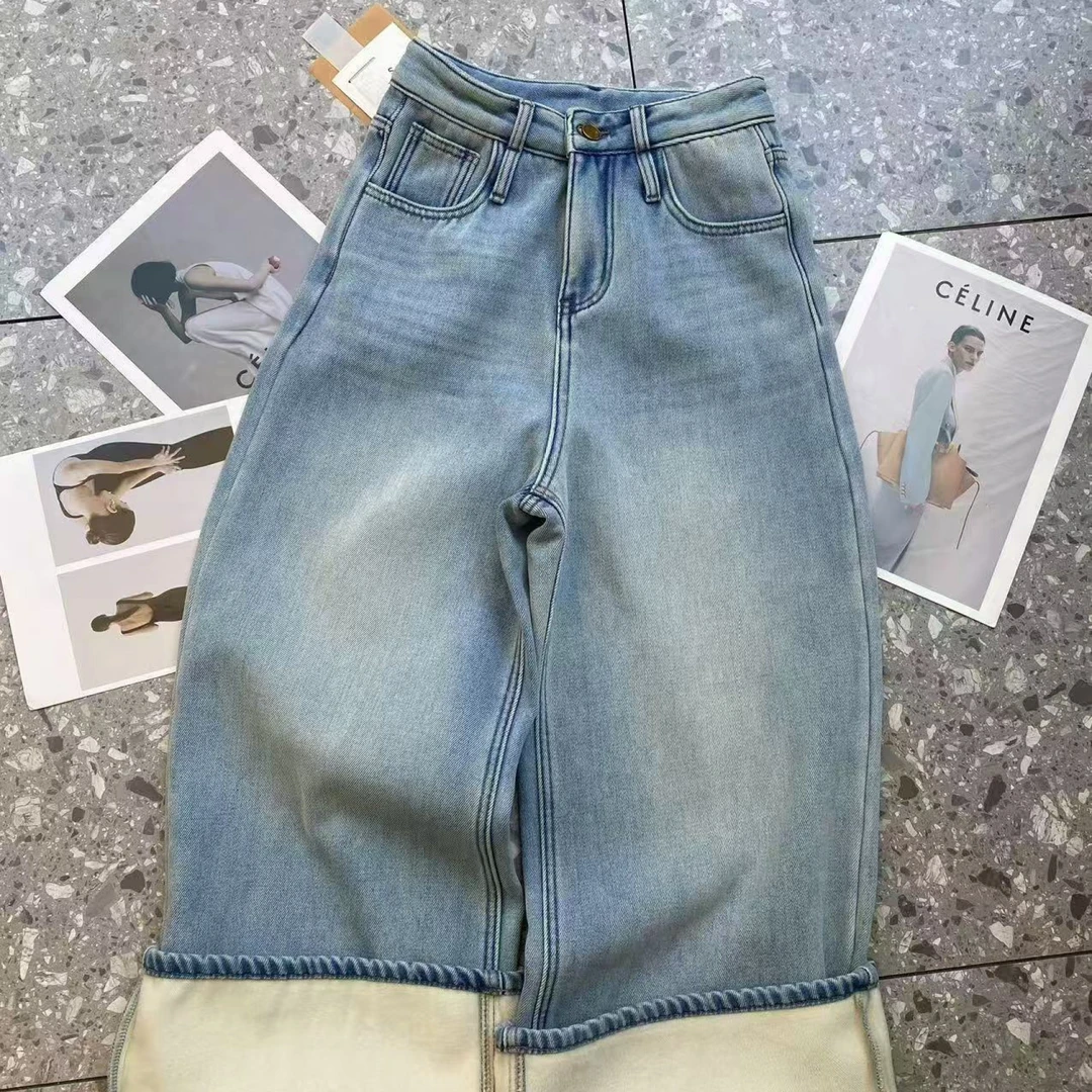 【 雨•美 推荐 】1001蓝色加绒显瘦高腰阔腿裤