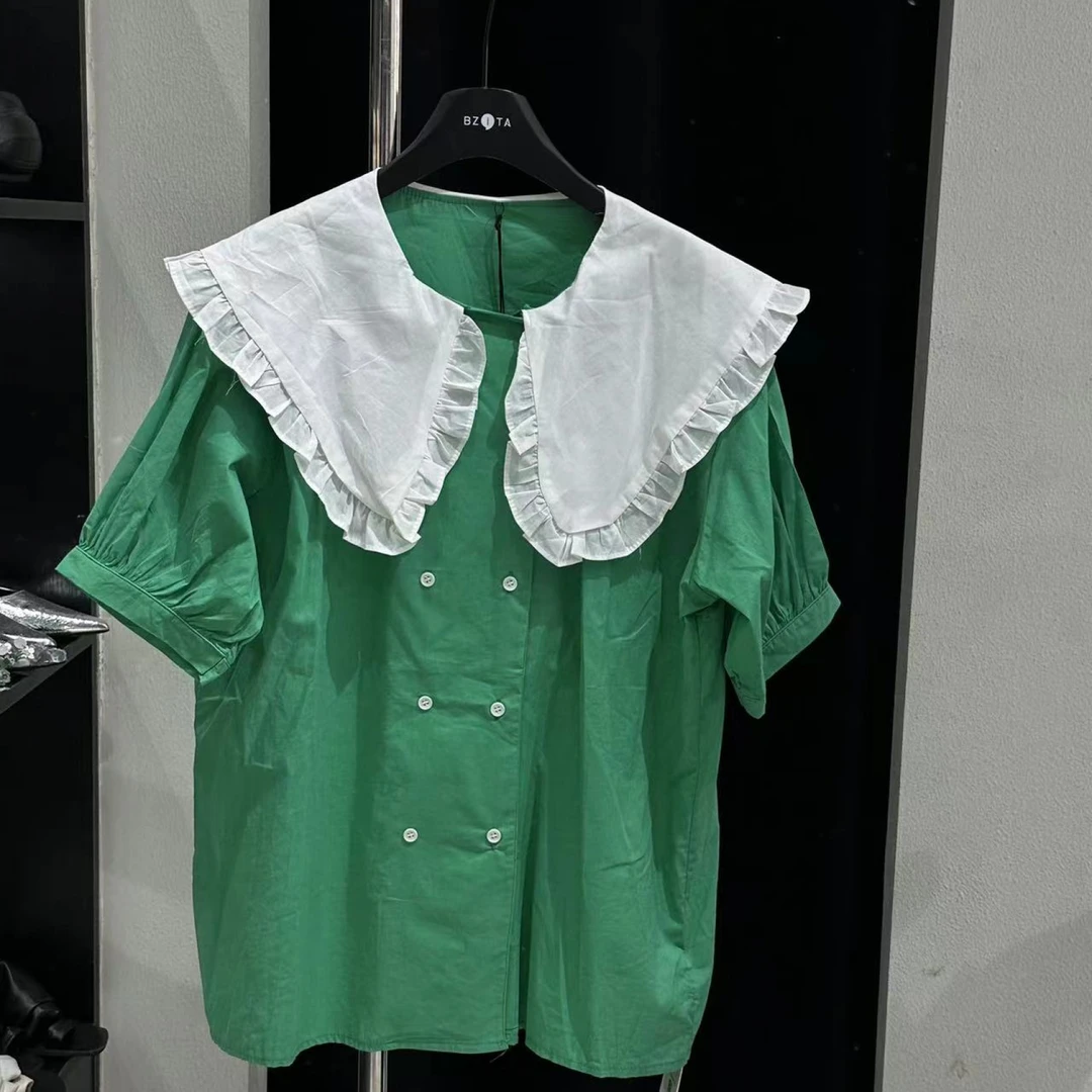 【 雨•美 推荐 】280绿色设计感娃娃领短袖衬衫上衣