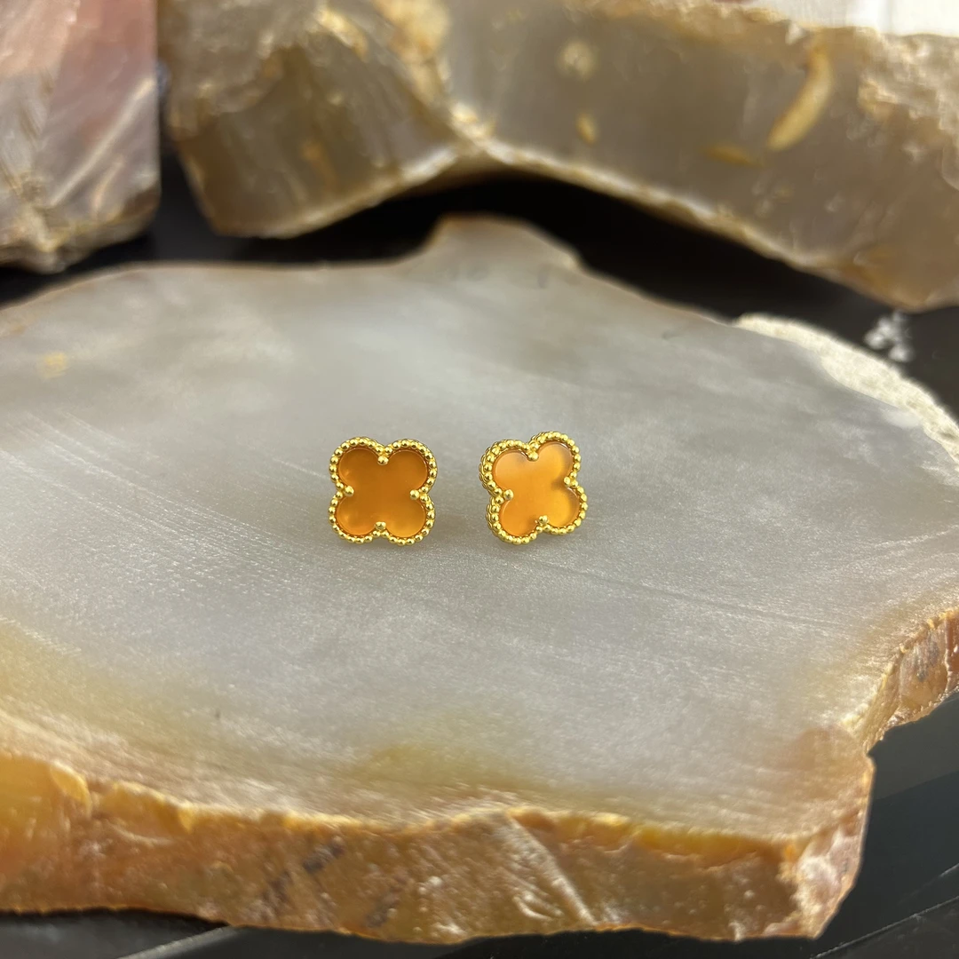 天然红玛瑙/四叶草耳钉/s925银镀金/一对/多样性发货