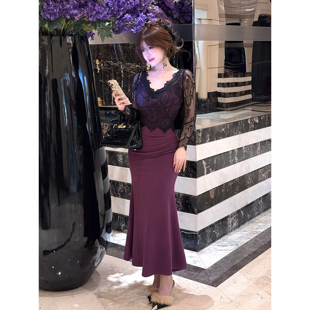 肉肉怡 清清【魅影紫韵】轻熟性感假两件拼蕾丝收腰连衣裙4187M