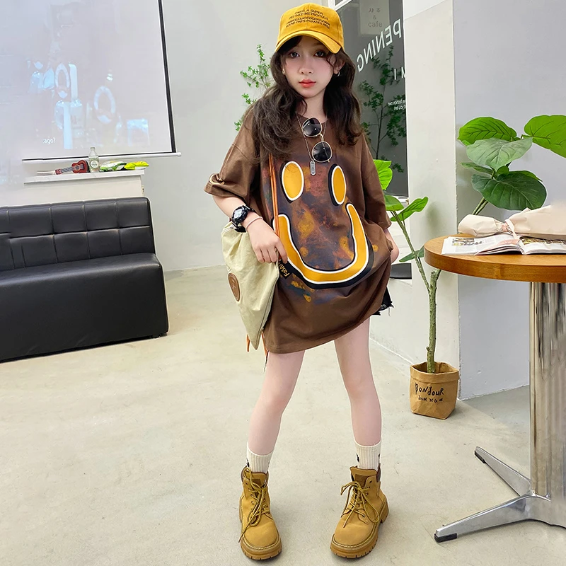 女童夏装短袖T恤2025新款儿童笑脸印花洋气中大童宽松夏季大版长T