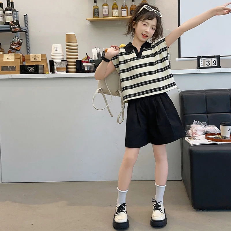 女童套装夏季2025新款大童条纹Polo领无袖上衣夏装儿童短裤两件套