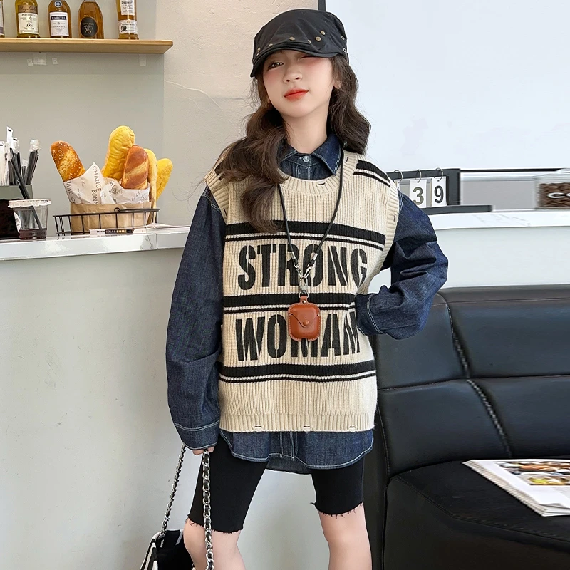 女童春秋款毛衣马甲套装2025新款洋气女大童牛仔衬衫儿童春季衣服