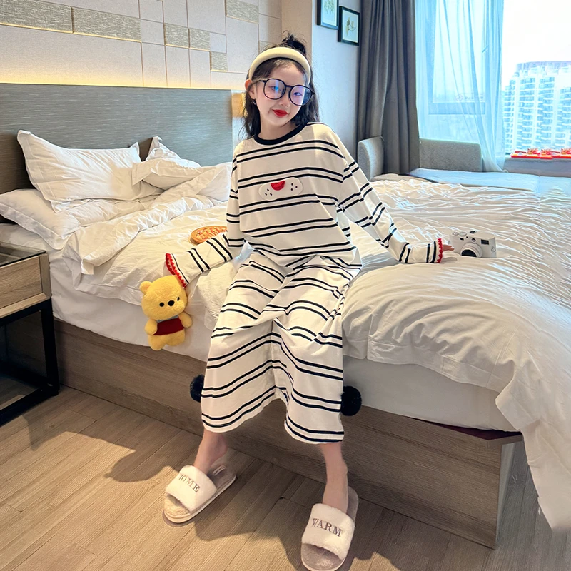 女童纯棉睡衣春秋2025新款大童秋季长袖条纹睡裙儿童可外穿家居服