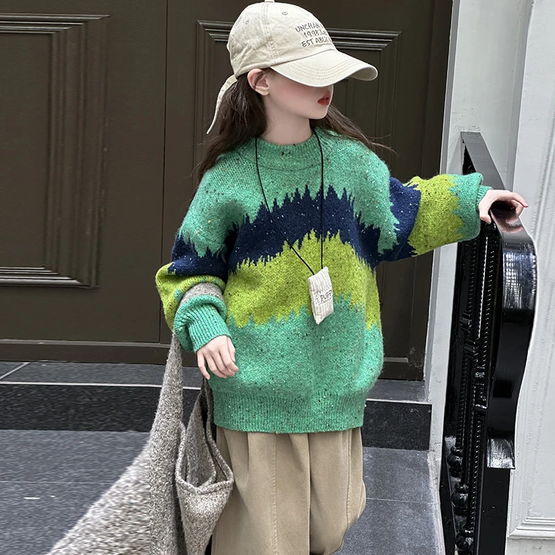 女童秋冬毛衣2024新款洋气时髦大童加厚圆领针织衫冬季儿童打底衫