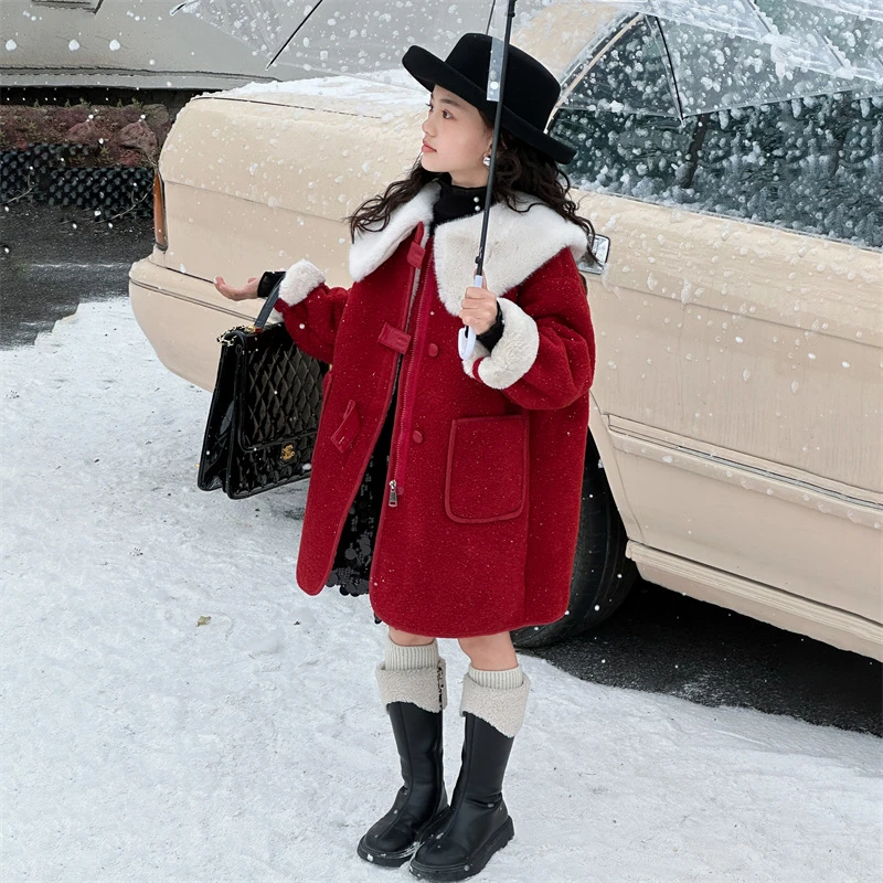 女童妮子大衣毛呢外套红色过年服加绒冬季本命年衣服中大童新年装