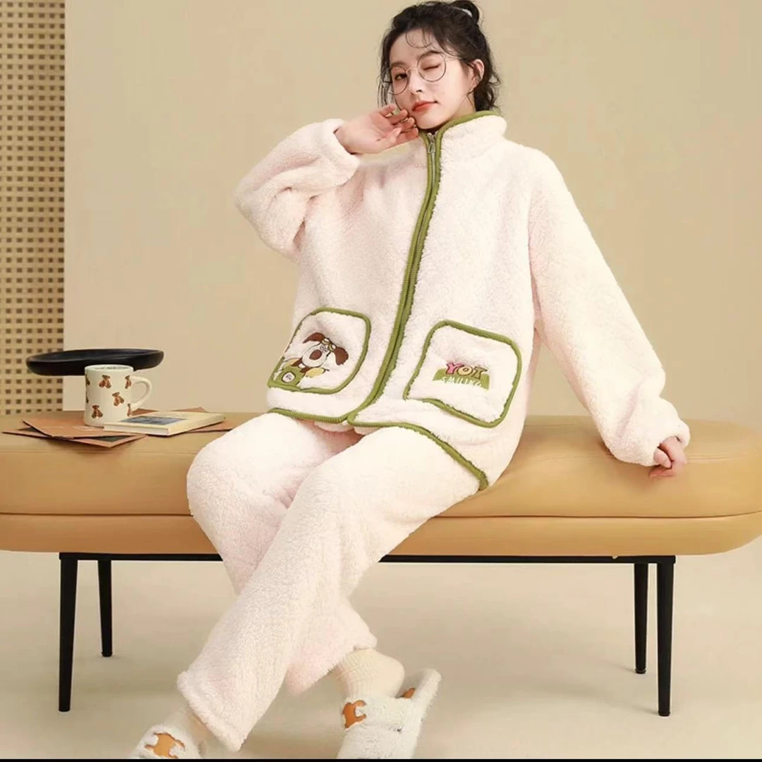 女款【小狗刺绣】 睡衣秋冬加厚加绒睡衣女士套装甜美卡通