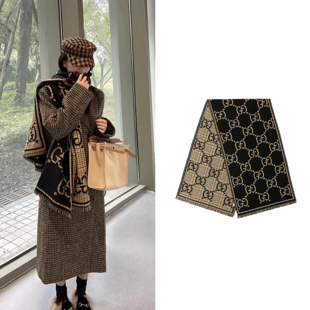 GUCCI古驰 商务欧美 羊毛  情侣款 绒线围巾 百搭 男女款1079黑色