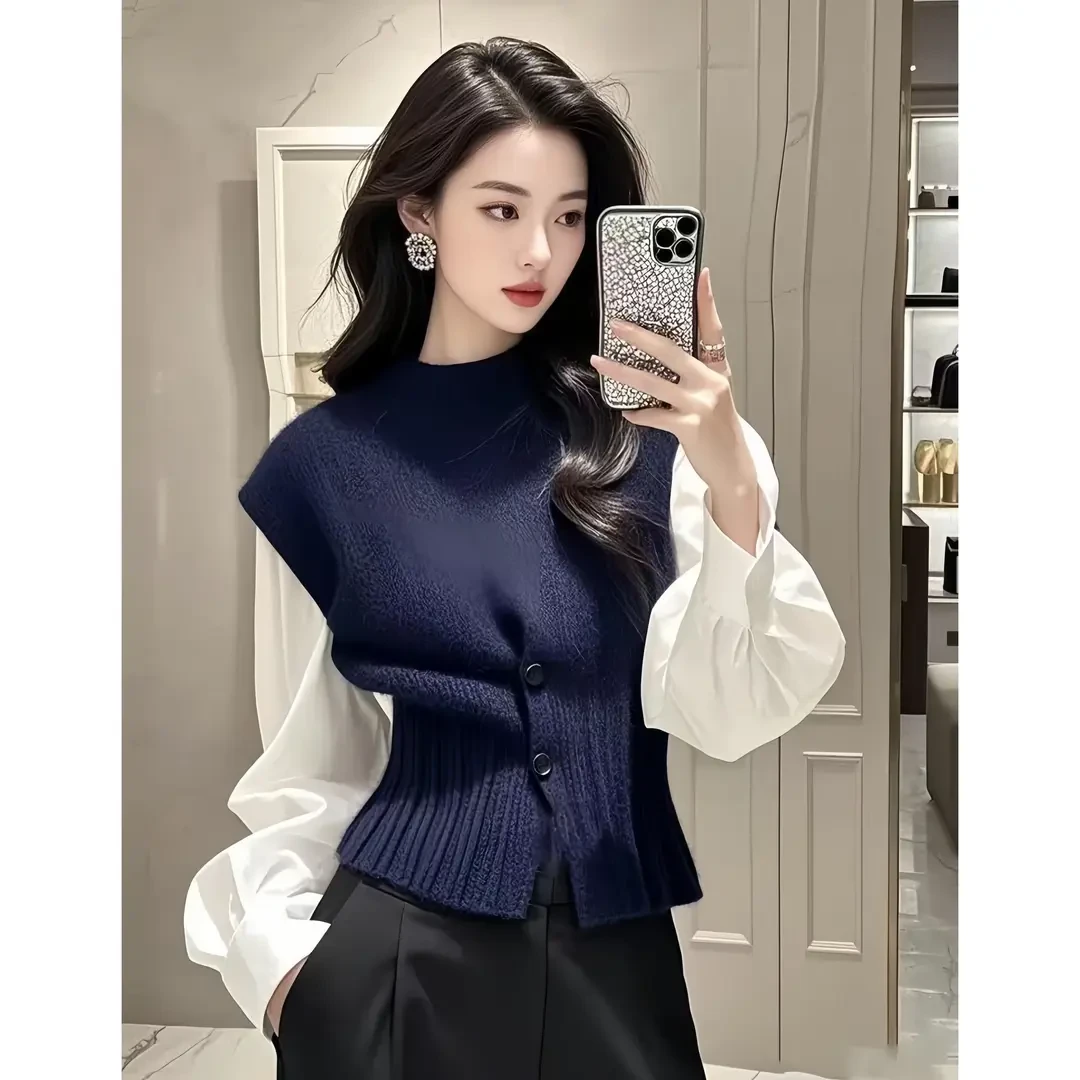 MIU系时髦减龄学院风两件套上衣女秋冬新款针织马甲衬衫叠穿潮