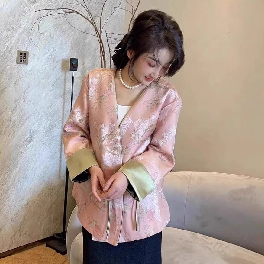 新中式国风唐装上衣大码胖mm提花盘扣改良旗袍外套女2024春季新款