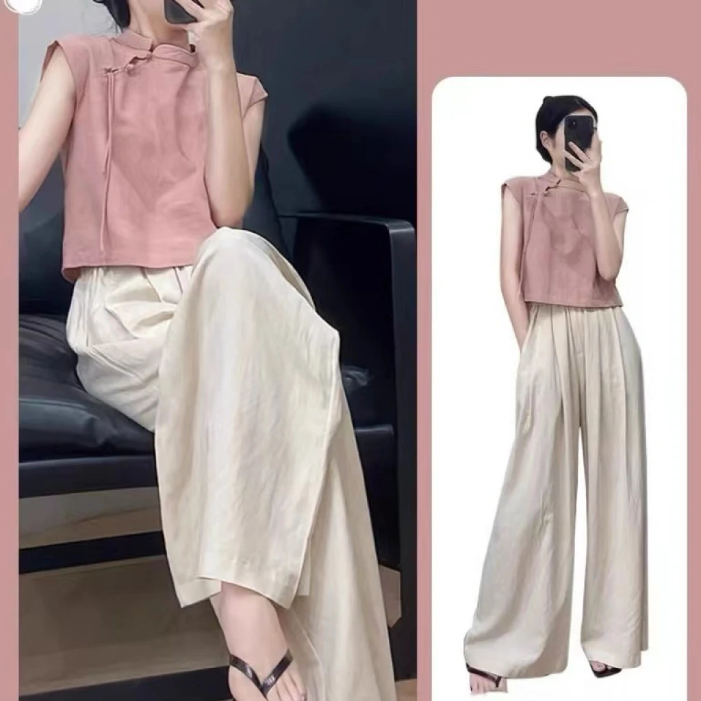 新中式国风粉色上衣套装女夏阔腿裤子复古茶系穿搭一整套33128