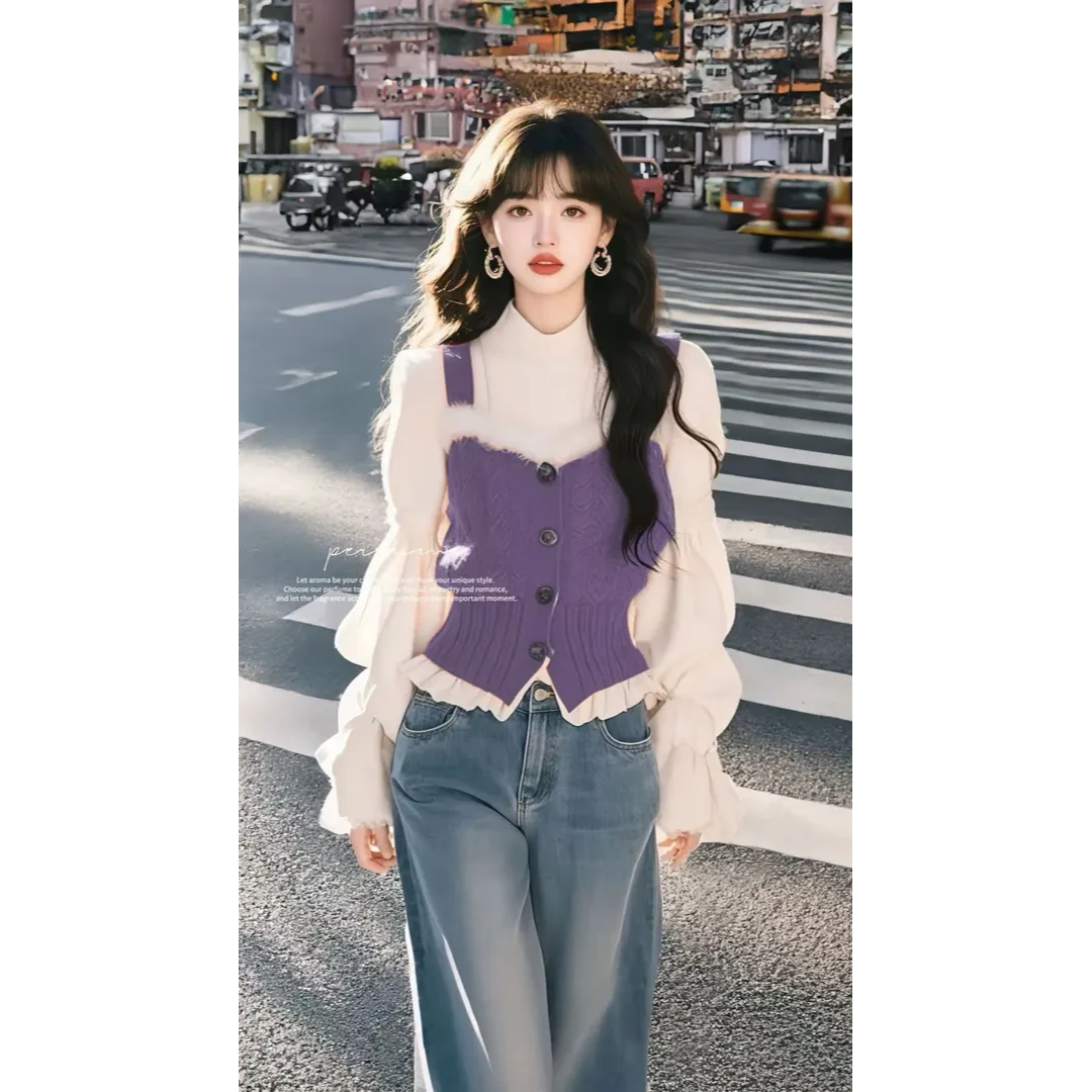 冬季新款高级感气质温柔紫色圣诞假两件毛衣复古直筒牛仔裤