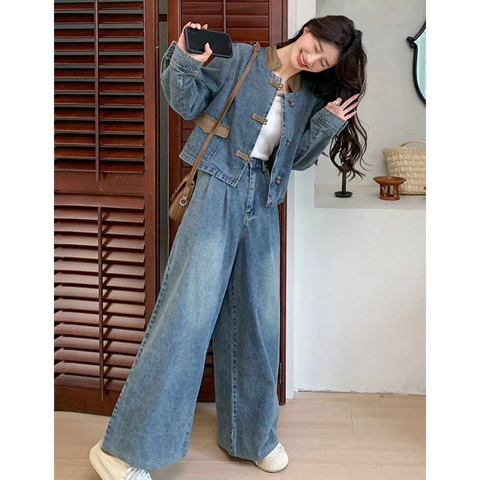 新中式国风复古牛仔套装女秋季2024大码胖mm盘扣外套阔腿裤两件套