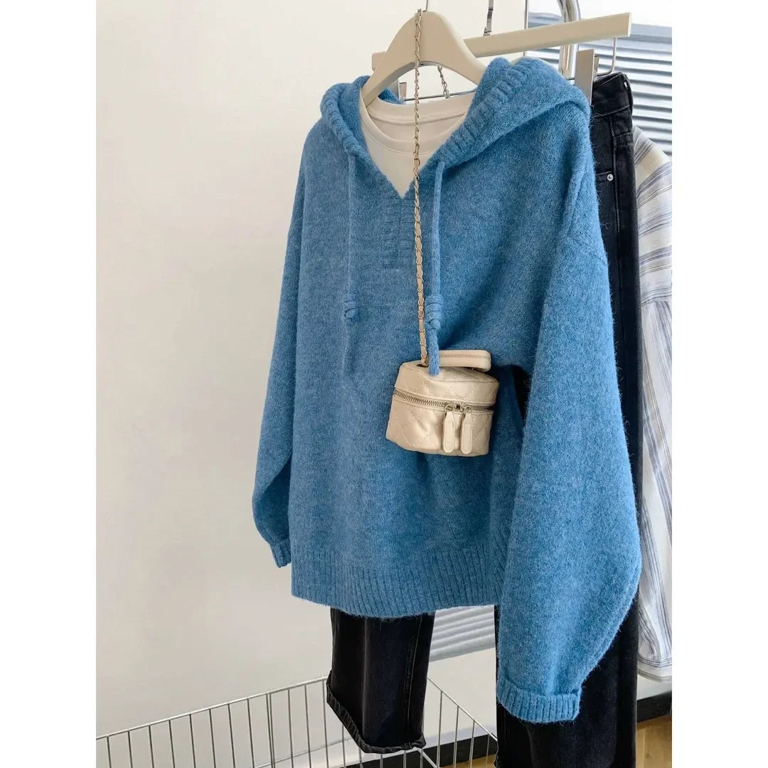 时尚休闲百搭加厚灵扣蓝色连帽套头针织毛衣女带帽慵懒风宽松上衣