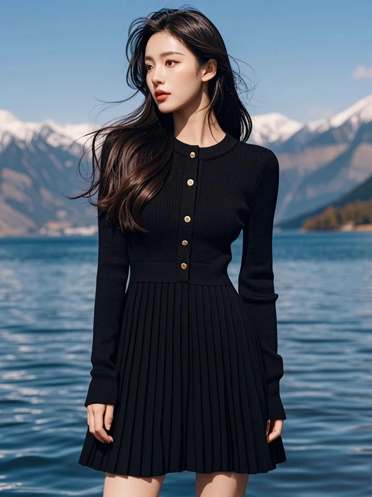 黑色针织连衣裙秋装女2024新款收腰显瘦法式设计感单排扣百褶短裙
