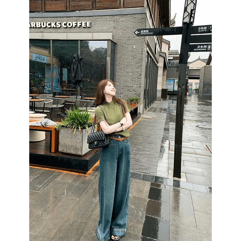 2024早秋小个子穿搭修身显瘦纯色百搭短袖T恤上衣高腰牛仔阔腿裤