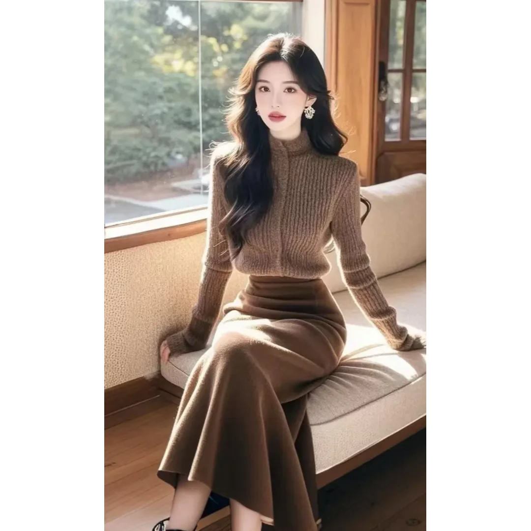 时髦精穿搭盐系轻熟美拉德复古高级感棕色毛衣半身裙两件套