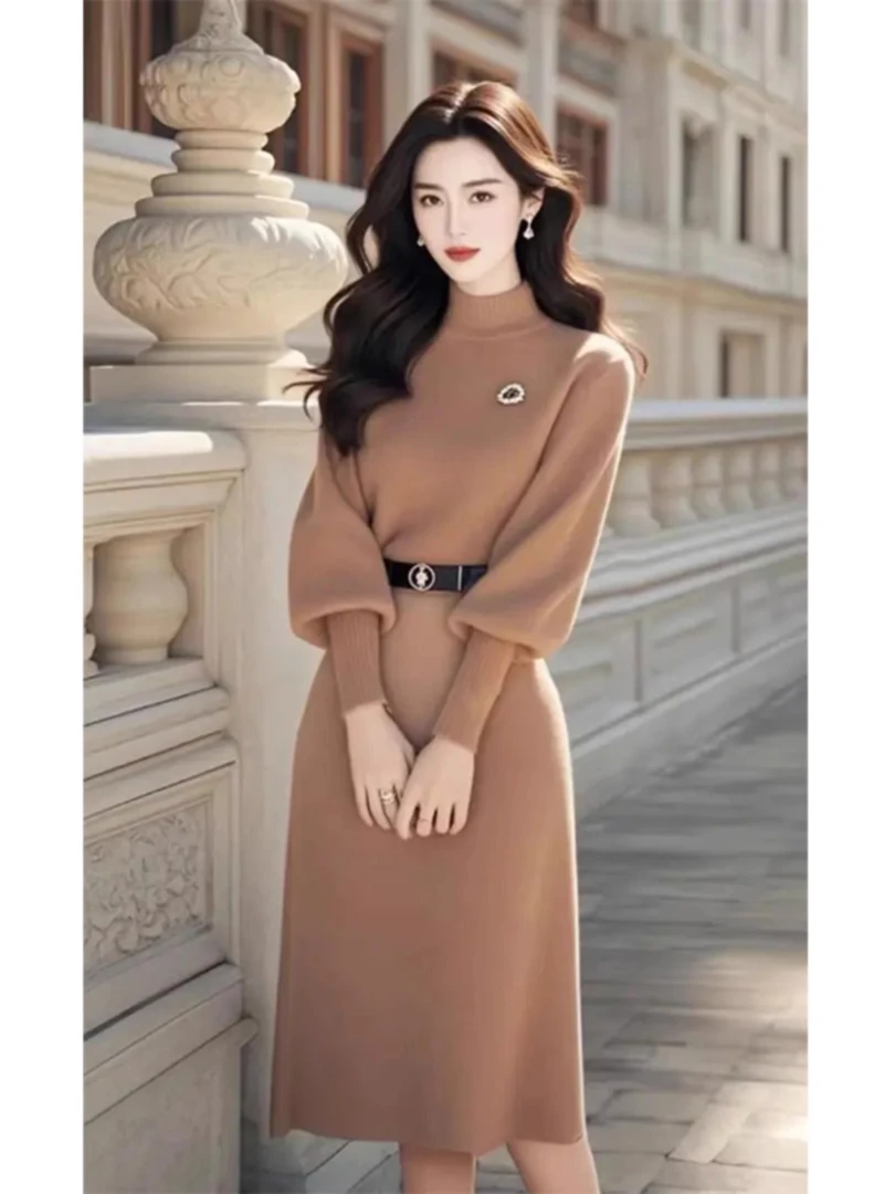 2024秋冬新款超好看气质高领针织连衣裙女装名媛小香风收腰长裙子