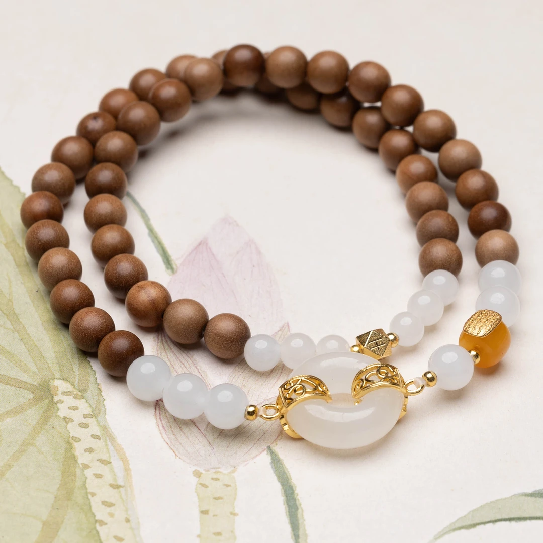 【浅汐】老山檀0.6白玉平安扣双圈手串