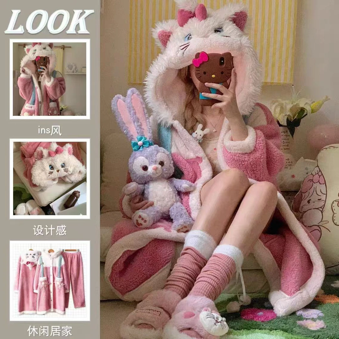 新款玛丽猫形象珊瑚绒情侣款加绒加厚冬季睡衣居家保暖卡通秋冬