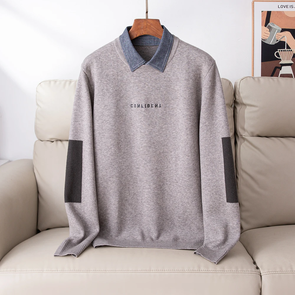 H品质男装～加厚假两件男士长袖针织衫休闲保暖打底衫衬衫领潮宽松