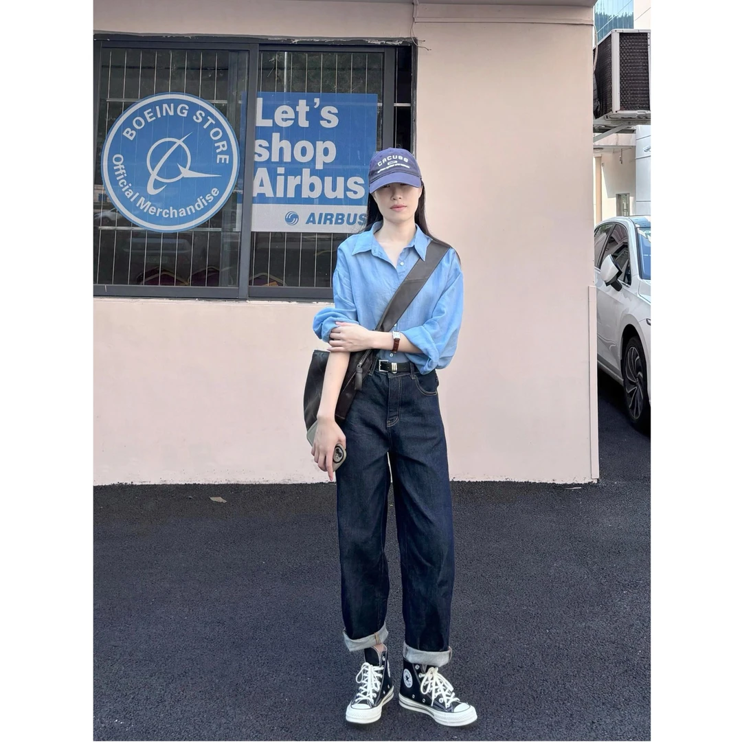 深蓝牛仔裤女2025年新款高腰显瘦直筒裤子宽松阔腿裤秋冬长裤