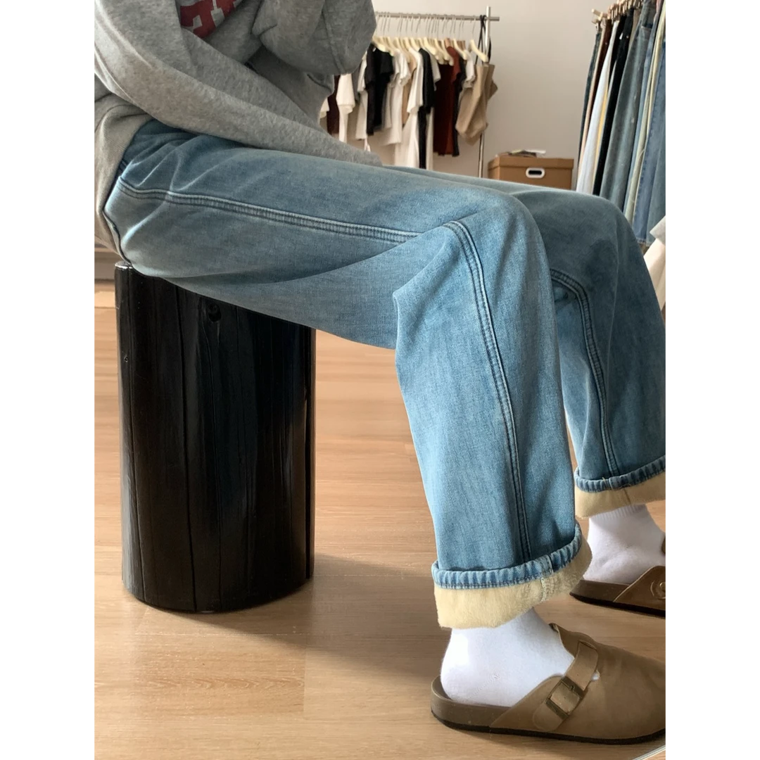 浅蓝阔腿牛仔裤女2025秋冬厚绒宽松高腰垂感百搭拖地裤显瘦直筒裤