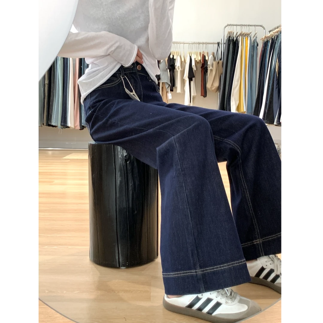 2025新款春季防褪色丹宁蓝宽松阔腿牛仔裤女高腰显瘦休闲拖地裤
