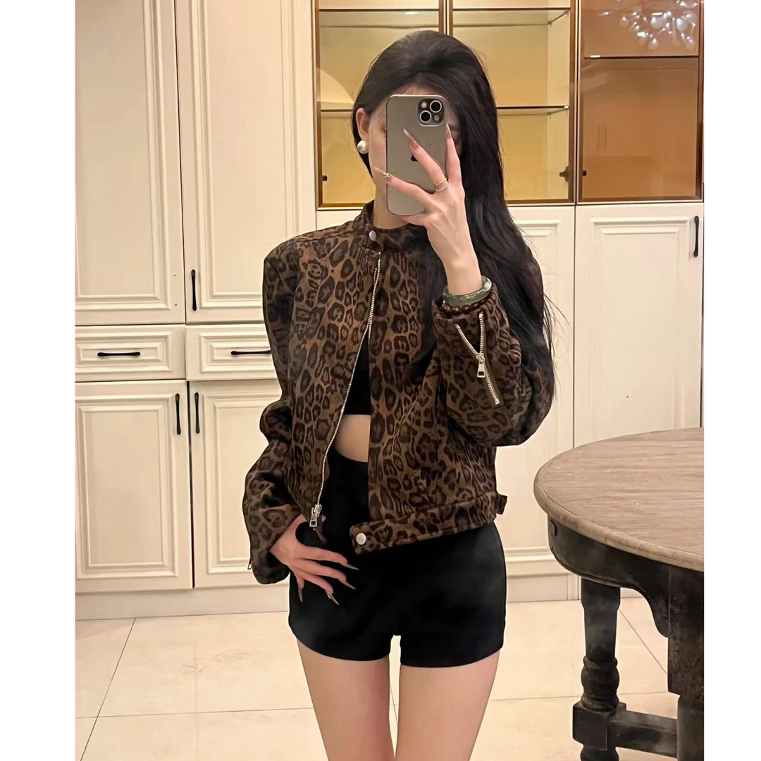 美式机车设计感经典豹纹秋季新款时尚百搭夹克短外套3026