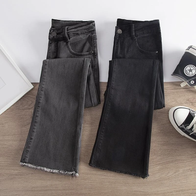 高腰灰色微喇牛仔裤冬季女款爆款2025加绒显瘦修身弹力毛边喇叭裤