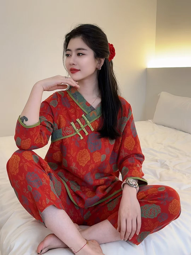 双层纱全棉新中式女长袖保暖古典时尚显瘦复古文艺家居服#339