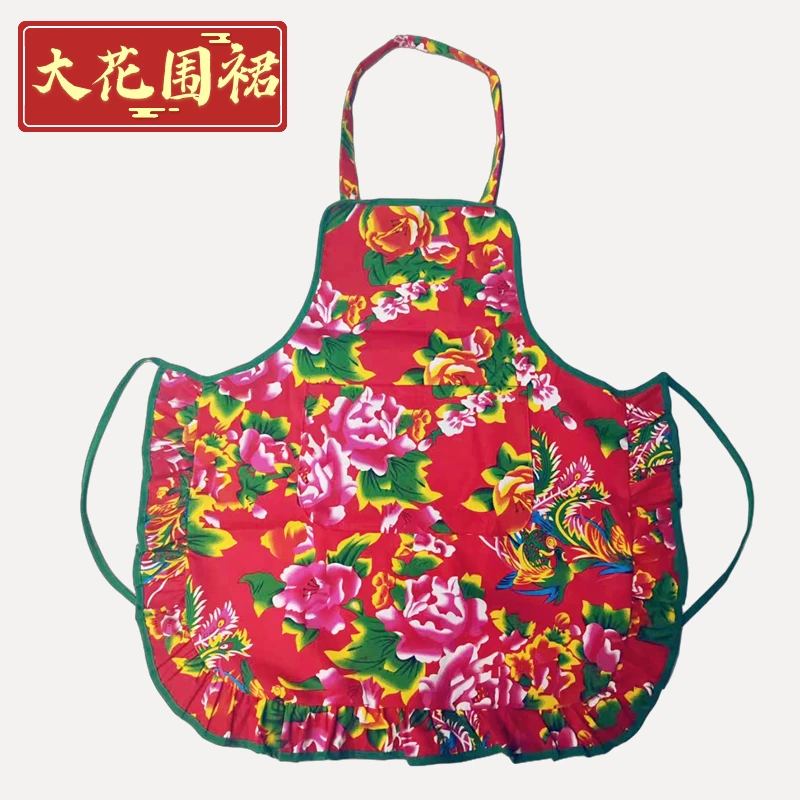 东北大花围裙国风半截成人挂脖防污花布印花农家乐服务员无袖围兜
