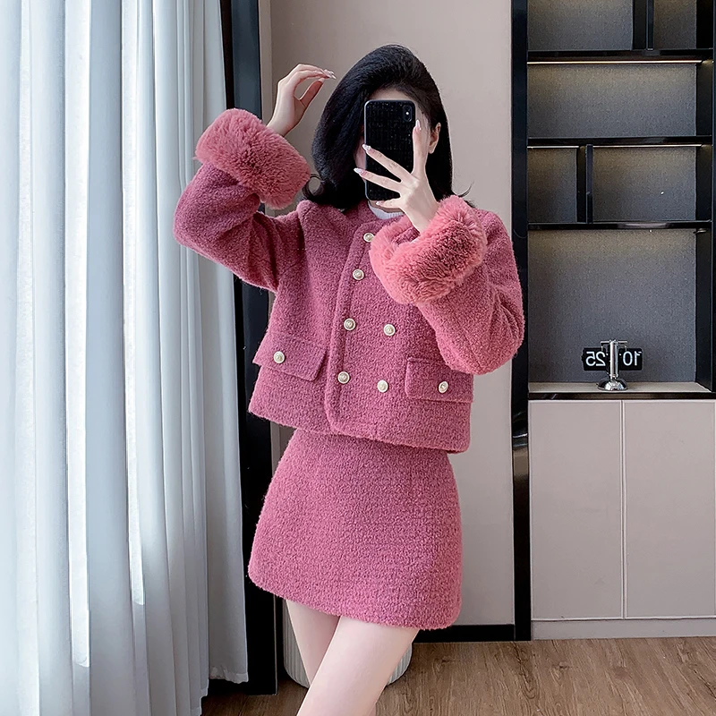 夹棉2024秋冬新款名媛小香风毛毛袖保暖短外套半身裙两件套