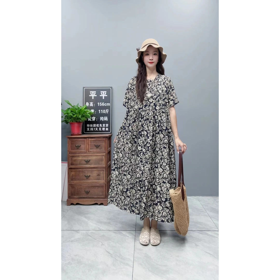 3558夏季新款清凉气质时尚复古遮肚宽松女显瘦百搭圆领休闲连衣裙