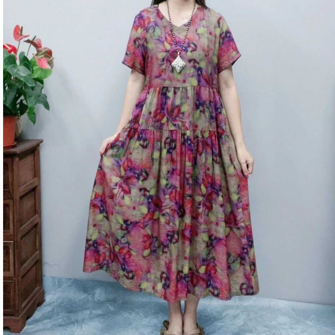 1153新款夏季短袖宽松韩版复古休闲显瘦时尚女士气质长款连衣裙