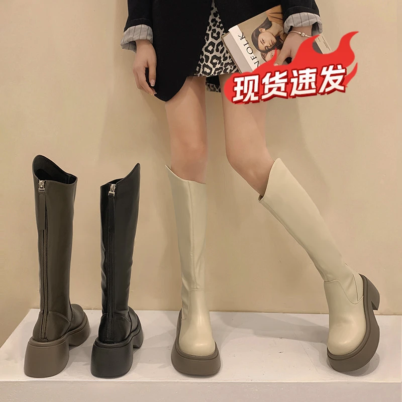 长筒靴女款2024冬季新款时尚流行百搭法式粗跟加绒增高时装靴长靴