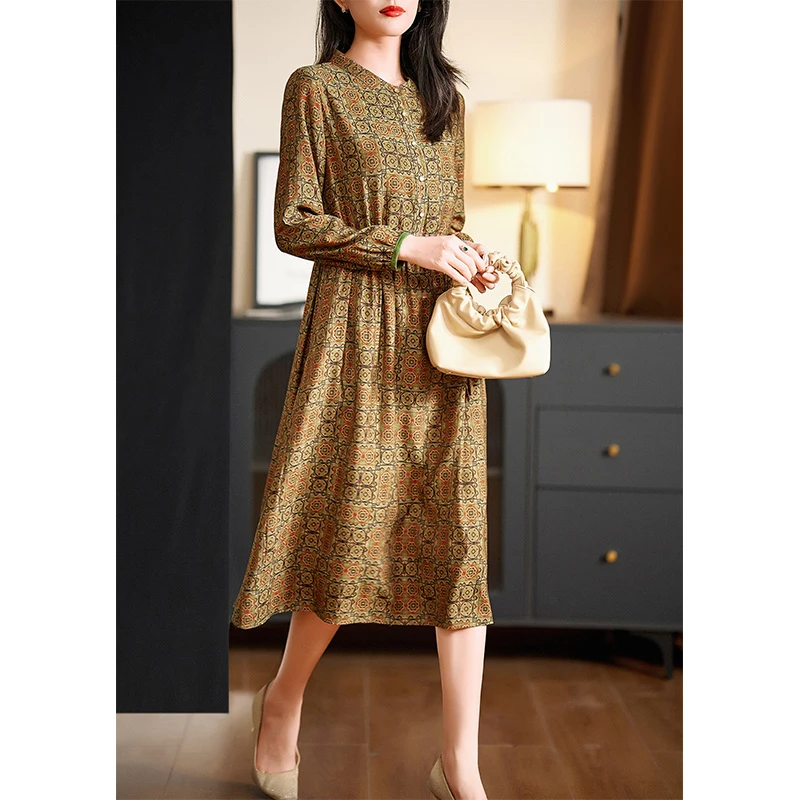 迪欧芙复古气质轻奢云锦连衣裙2025春季新款显瘦裙子女#QLQ17281