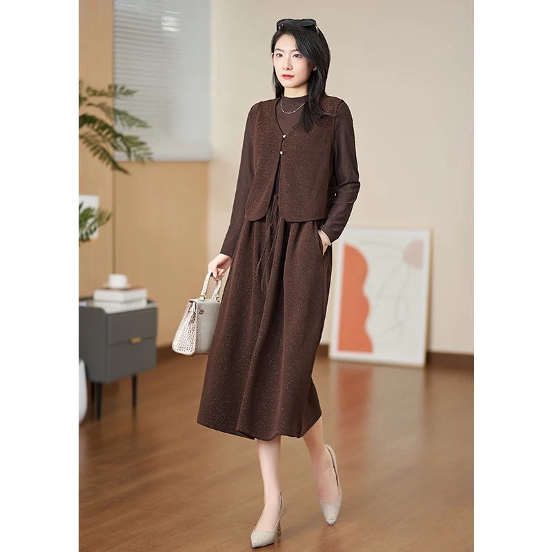 【真两件】迪欧芙气质真两件连衣裙2024秋季新款时尚套装#QTZ17066