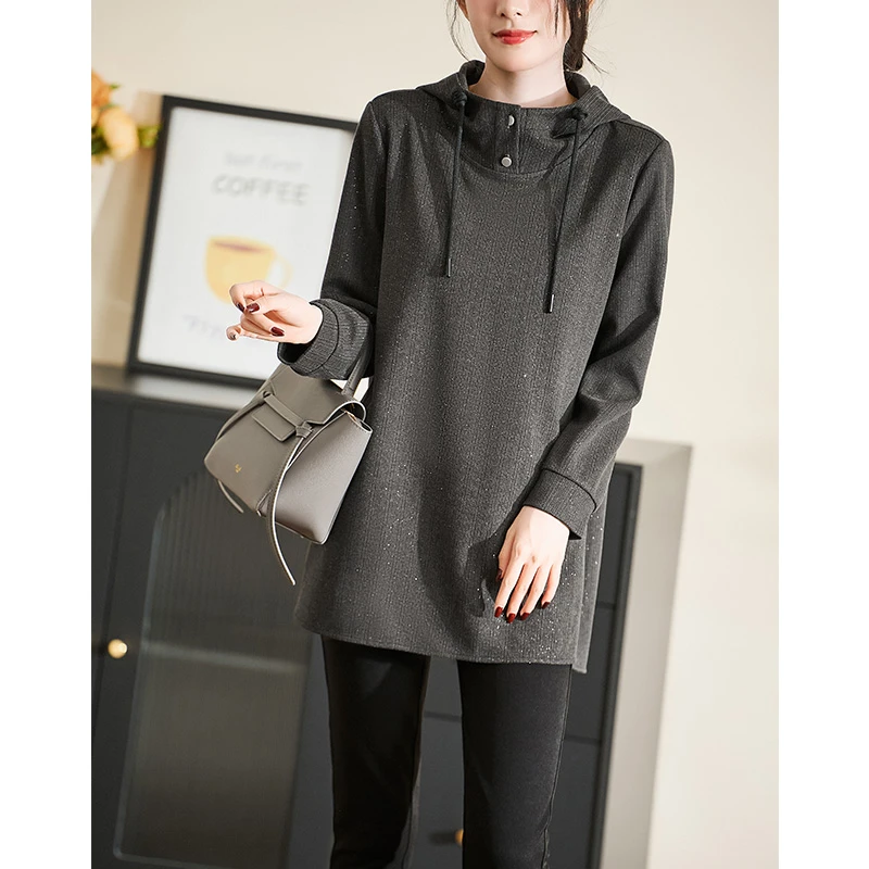 迪欧芙灰色时尚百搭上衣2024秋冬新款气质遮肉显瘦卫衣#QSY87508