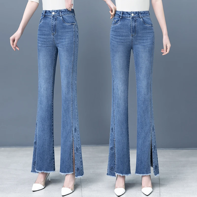 牛仔微喇叭裤2024年新款弹力微喇裤阔腿微喇裤春秋高腰开叉微喇叭