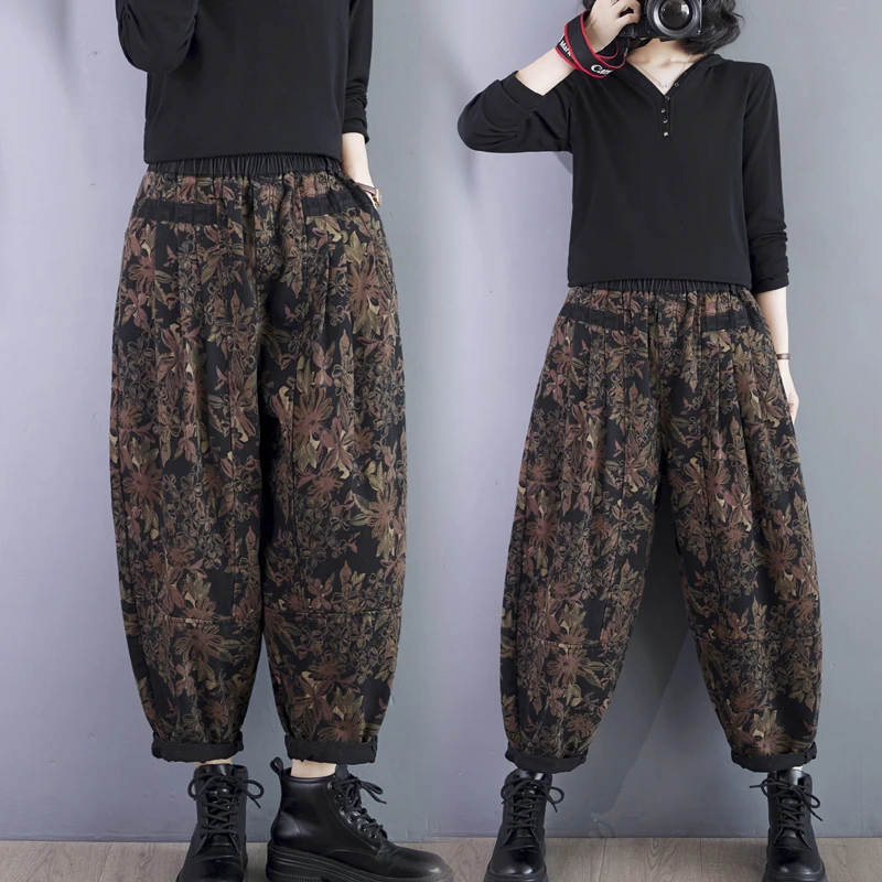 春夏薄款复古印花牛仔哈伦裤女胖妹妹宽松显瘦时尚百搭老爹裤长裤