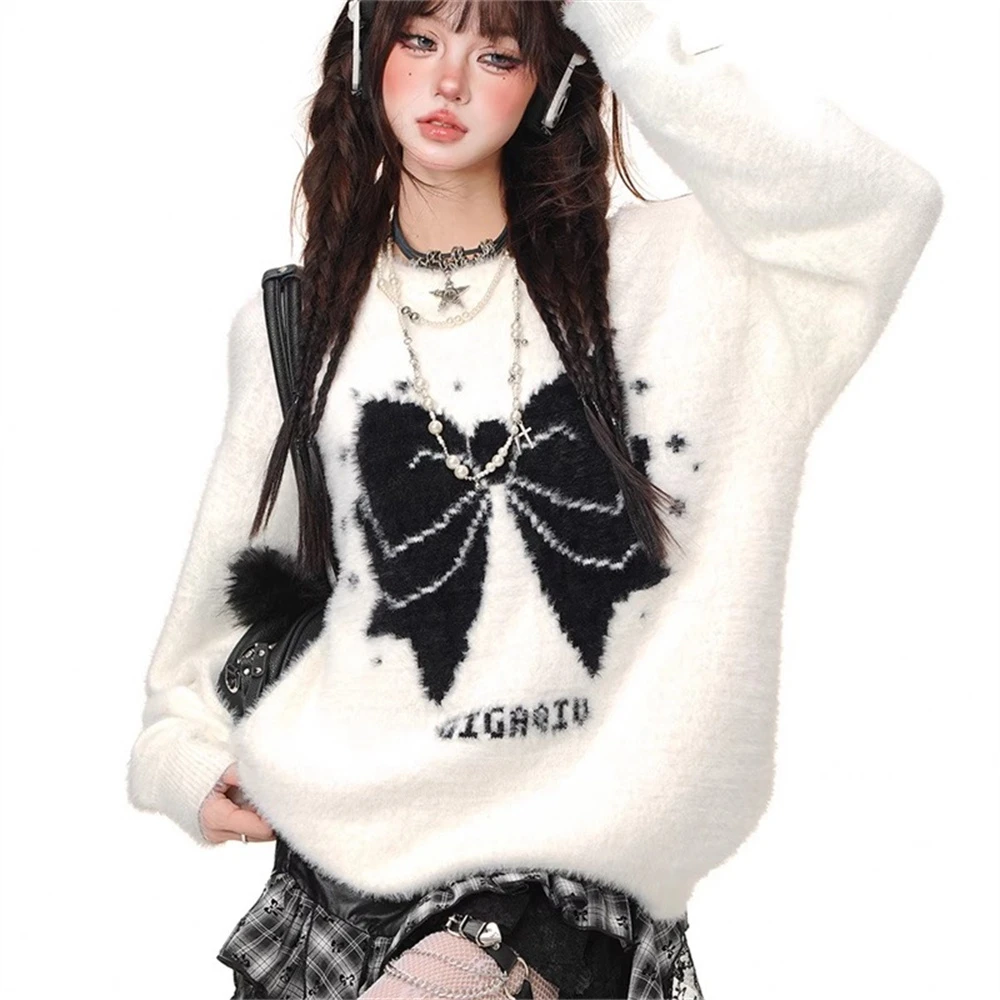 软糯日系蝴蝶结慵懒风宽松毛衣女士秋冬新款设计感洋气针织衫上衣