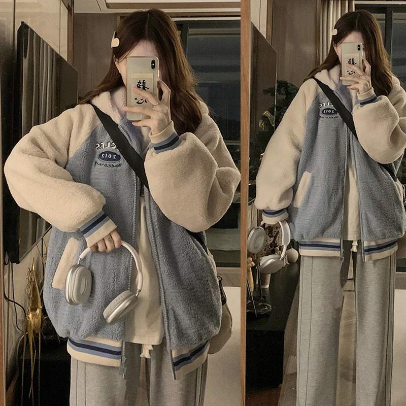 羊羔毛棉服少女冬装2024年新款初中高中学生加绒加厚棉袄棉衣外套