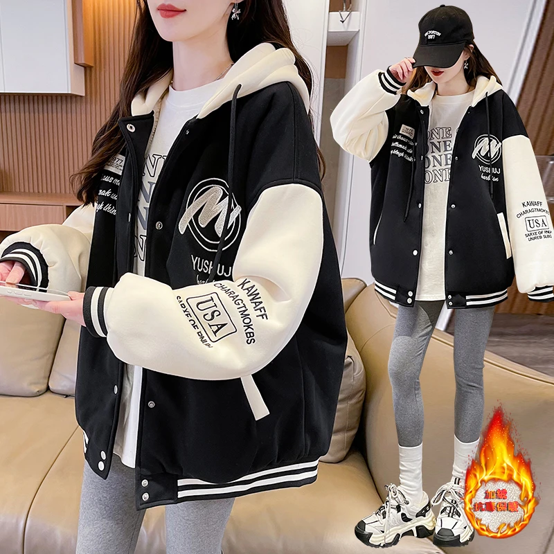 加绒加厚冬装羊羔毛棒球服外套女12-18初高中学生连帽保暖棉衣服