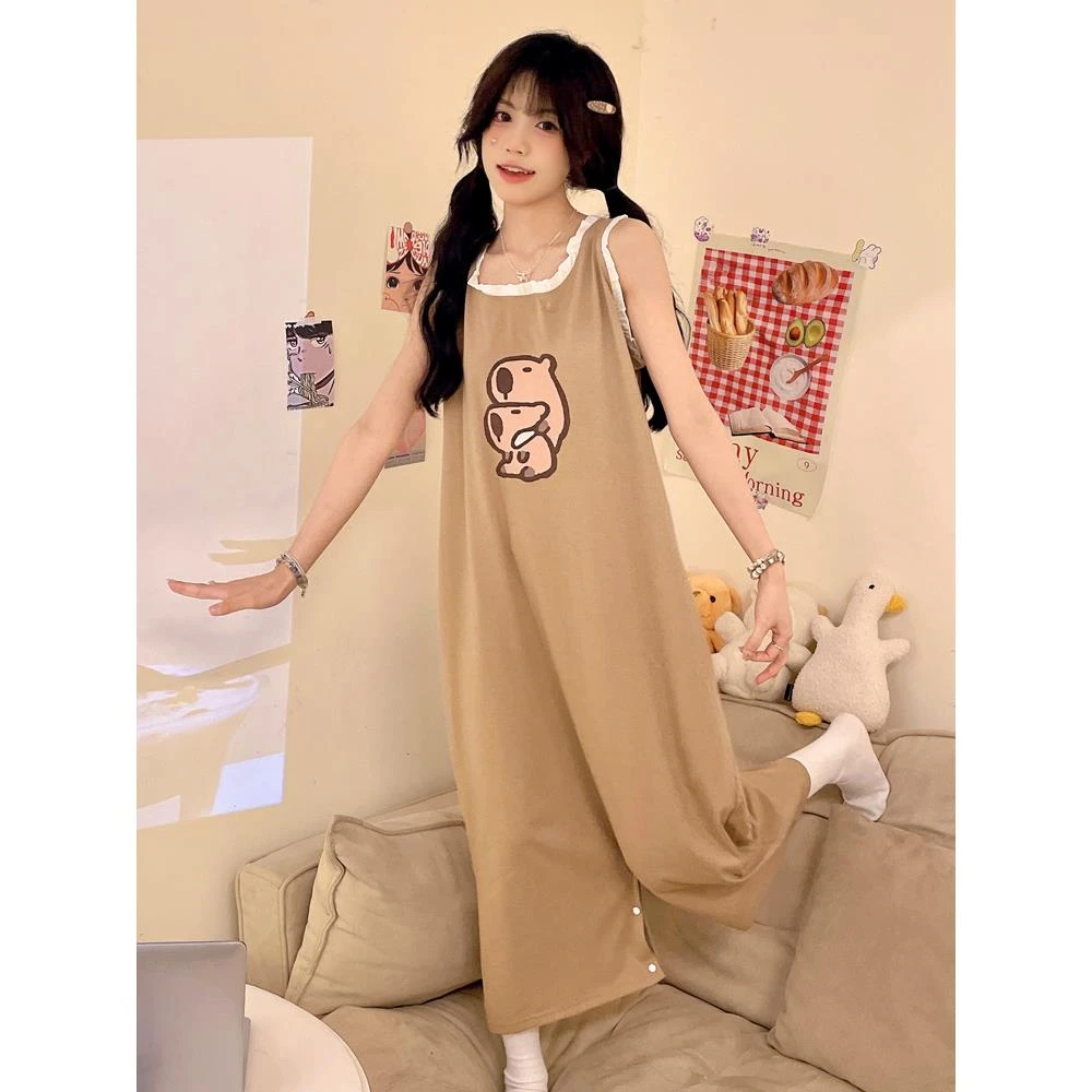 卡皮巴拉连体睡衣女夏季纯棉无袖背心款睡裙卡通可爱家居服可外穿