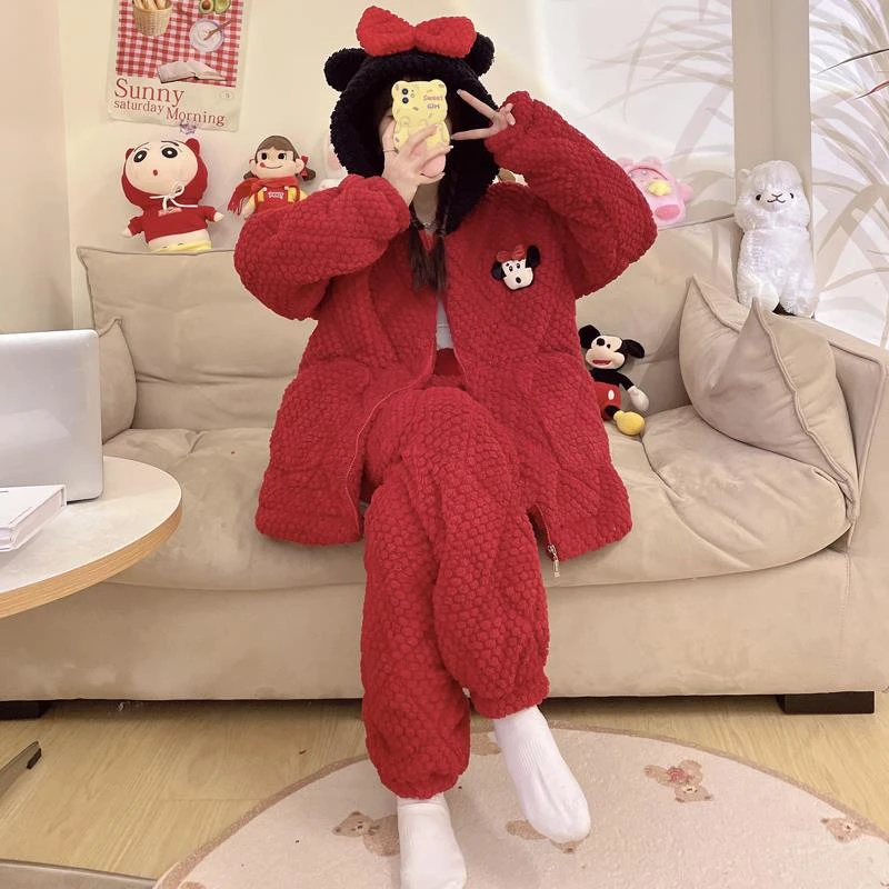 开衫连帽睡衣女士冬季三层夹棉加厚绒保暖棉袄大红喜庆家居服套装