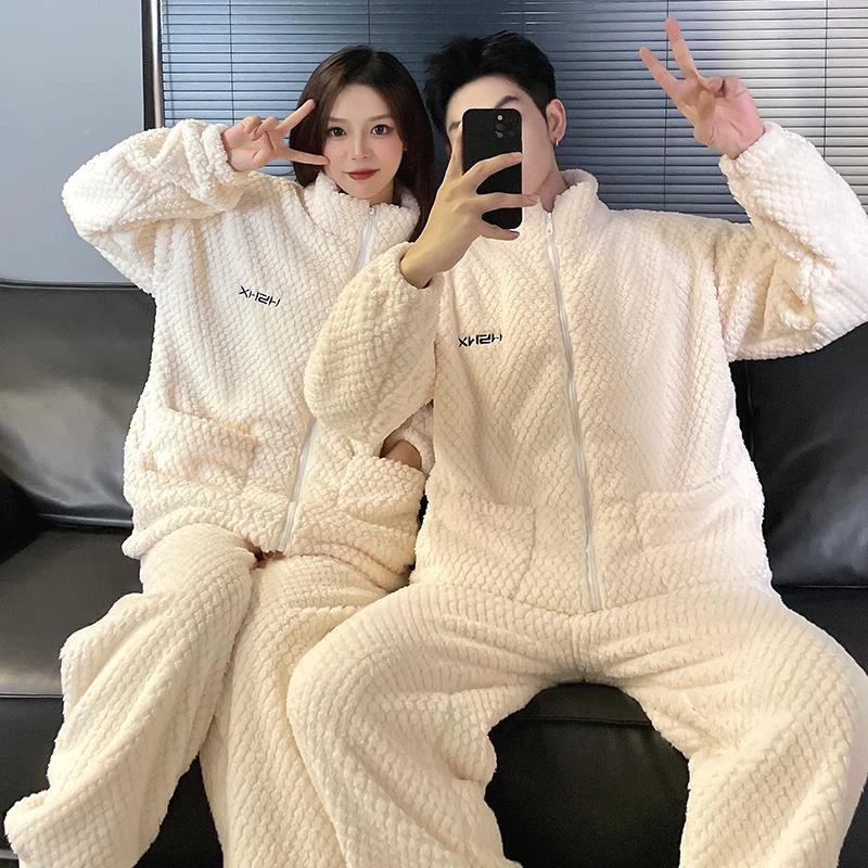 2024年新款情侣睡衣女秋冬季珊瑚绒加绒加厚可外出男士家居服套装